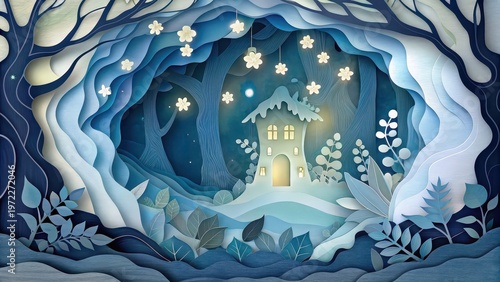 Glowing fairy house in mystical forest with floral lights, dreamy paper cut scene, magical illustration, nursery art, fantasy poster, background
