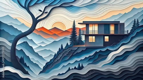 Modern mountain house at sunset with layered peaks and trees, contemporary paper cut illustration, architecture concept, poster, branding background