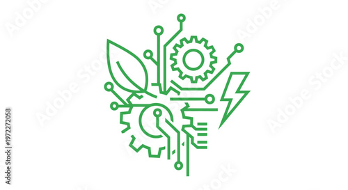 Green technology concept illustration with circuits gears leaf and bolt