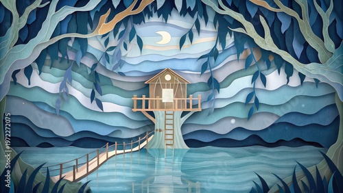 Treehouse over calm lake with bridge under crescent moon, layered paper cut night scene, tranquil nature illustration, travel poster, background design