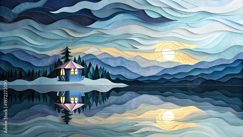 Cozy lakeside cabin with sunset reflection in layered paper cut mountains, serene landscape illustration, travel poster, wall decor, nature background