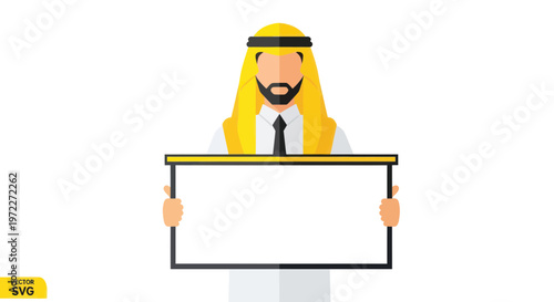 Arab Man Holding Blank Sign Board, Traditional Clothing, White Background