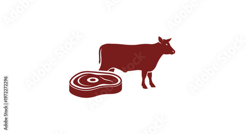 Beef icon, cow silhouette and steak illustration on white background