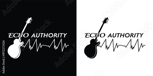 Music brand logo design prominently featuring an electric guitar silhouette above a rhythmic sound wave graphic