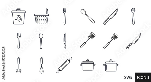 Kitchen Utensils Icons Set: Cooking Tools, Cutlery, Pots, Rolling Pin, Whisk