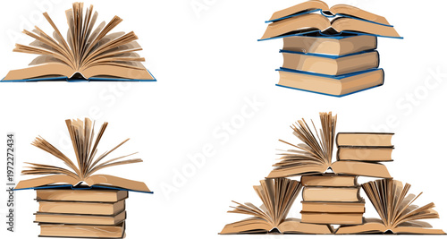 Open and Stacked Book Set Featuring Different Arrangements for Education, Learning, and Knowledge Illustrations
