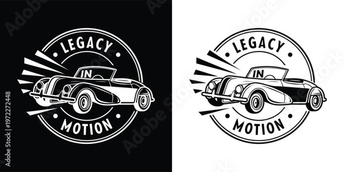 Classic vintage convertible car emblem design featuring bold text that proclaims legacy in motion for automotive enthusiasts.