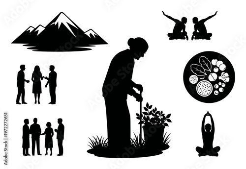 Blue Zones Lifestyle - Centenarian Silhouette Vector