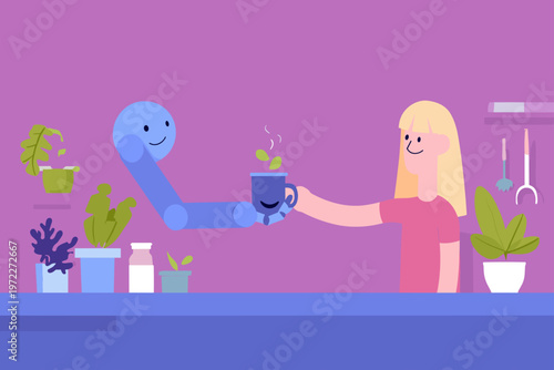 Robot Offering a Warm Coffee in a Cozy Workshop Collaboration