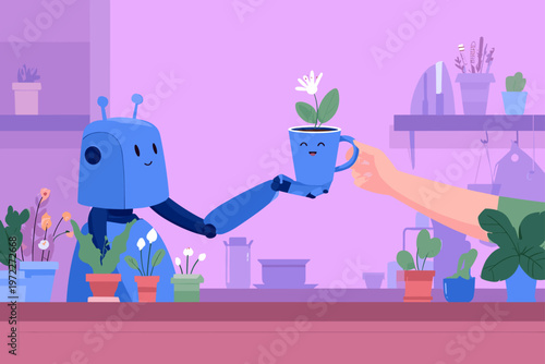 Robot Offering a Warm Coffee in a Cozy Workshop Collaboration