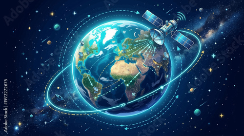 A satellite orbits the globe in space with stars and planets.