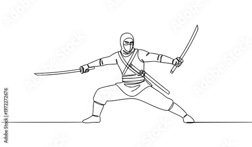 Continuous line ninja warrior twin swords action pose one line drawing vector