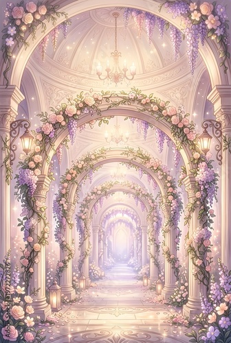 Dreamy Wisteria and Rose Corridor with Arched Ceilings and Chandeliers