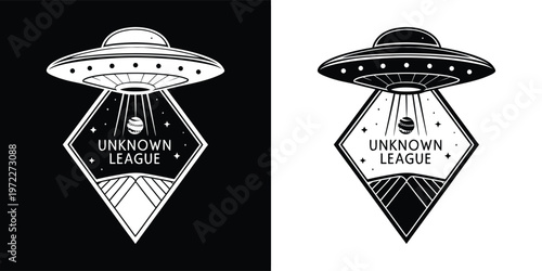 Vintage black and white emblem featuring a flying saucer abducting a baseball within a stylized diamond shape