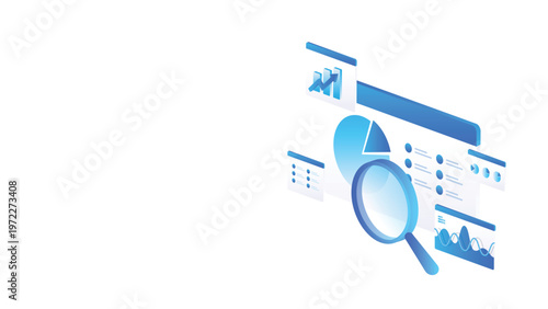 Isometric stock market dashboard data analysis with magnifying glass, charts, and financial insight in blue digital style.