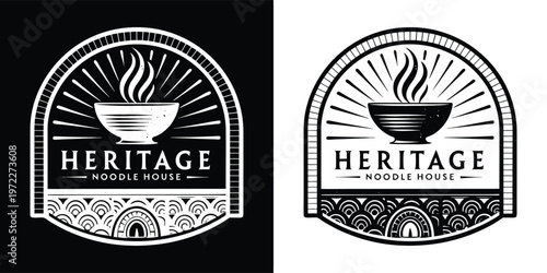Vintage inspired logo design with a steaming bowl of noodles and traditional elements perfect for a heritage noodle house.