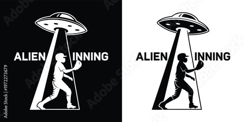Humorous graphic design featuring a baseball player being abducted by a flying saucer labeled alien inning