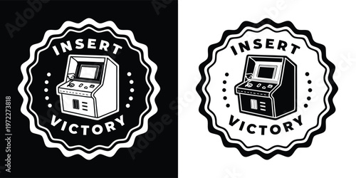 Black and white graphic emblem featuring a classic arcade machine labeled insert victory for gaming enthusiasts.