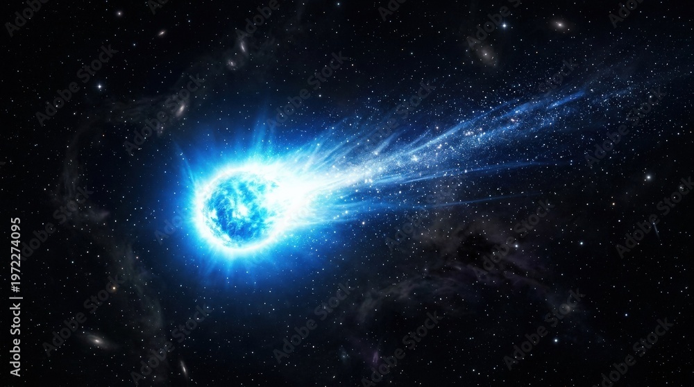Fototapeta premium Bright radiant celestial body resembling a comet or star, intense blue glow piercing surrounding darkness, subtle gaseous halo and fine particles, minimalist cosmic drama, photorealistic deep-space