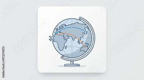 The globe on a pedestal shows world travel routes.