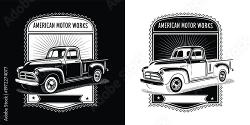 Vintage American motor works emblem featuring a classic pickup truck in detailed black and white engraving style