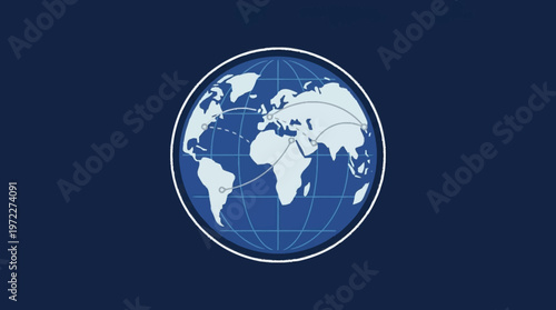 The globe showcases a world map on a blue background with white continents.