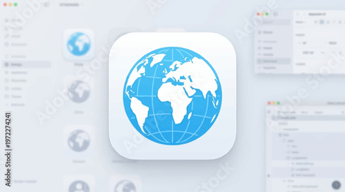A blue globe icon on a white square button on a computer screen