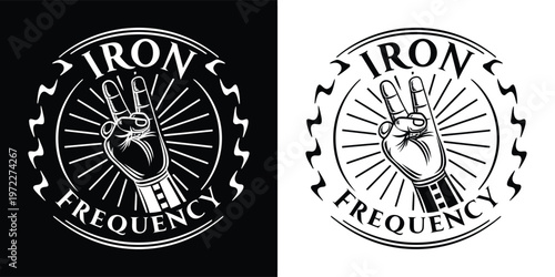 Distinctive graphic logo featuring a hand making a peace sign, encircled by 'Iron Frequency' text, designed for merchandise and branding.
