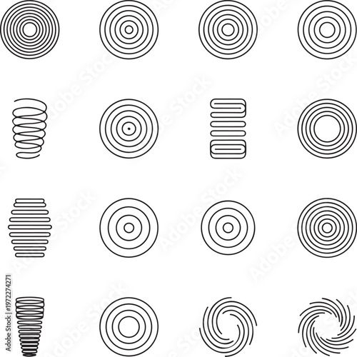 Variations of geometric patterns featuring concentric circles and helical structures