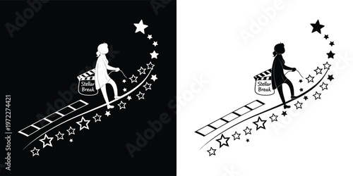 Filmmaker character walking a tightrope path toward success amidst stars with a clapperboard labeled stellar break