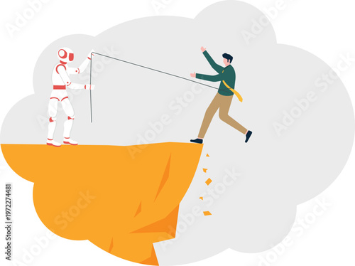 Robot pulling a professional into a deep cliff hole