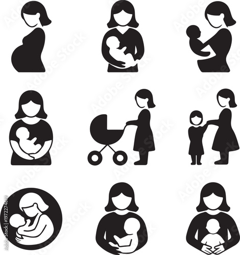 Illustrations depicting various stages and aspects of motherhood and childcare