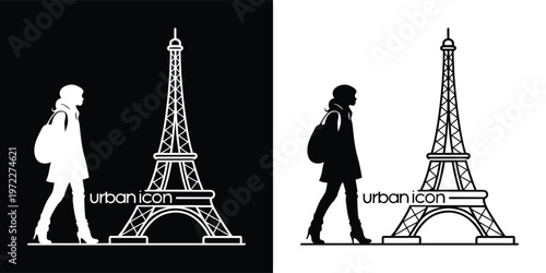 Stylish woman silhouette walking past the iconic Eiffel Tower structure in contrasting black and white vector graphics