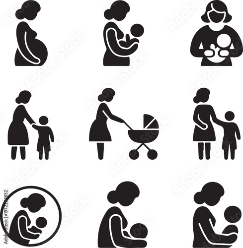 Stages of motherhood and childcare illustrated through icons