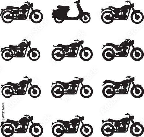 Diverse collection of twelve unique motorcycle silhouettes showcased in black and white