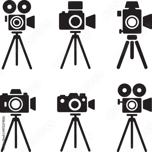 Variety of cameras mounted on tripods in black and white icons
