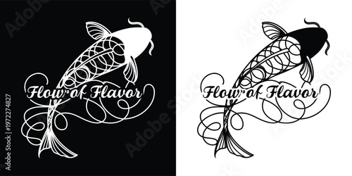 Flow of flavor logo design featuring an elegant koi fish silhouette with intricate body details perfect for branding