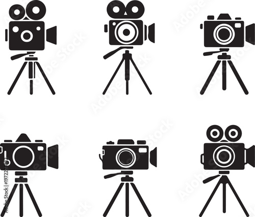Assorted vintage-style film cameras on tripods in monochrome