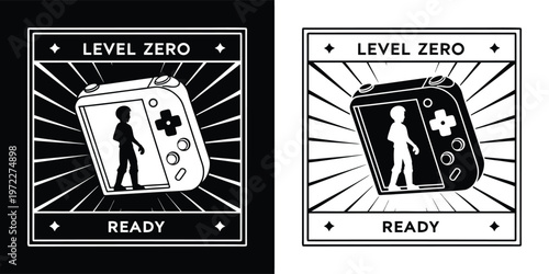 This classic black and white vector graphic features a retro handheld game console and a player character, ready to conquer level zero.