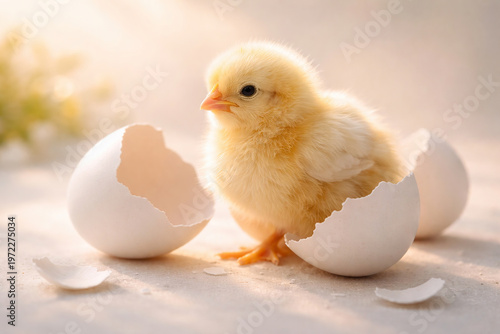 Newborn chick exploring cracked eggshells , generated, AI