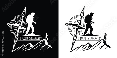 Dynamic logo design featuring a hiker ascending a mountain peak, guided by a compass rose, representing adventure, exploration, and achieving goals.