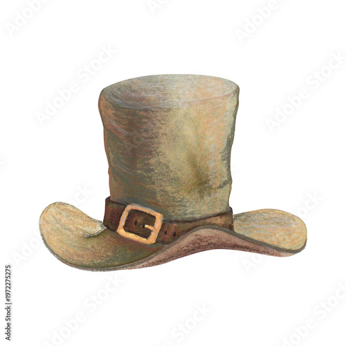 Traditional drown and green color leprechaun hat with belt and gold buckle, watercolor illustration. Top Hat for St. Patrick's Day Design Element for poster and card