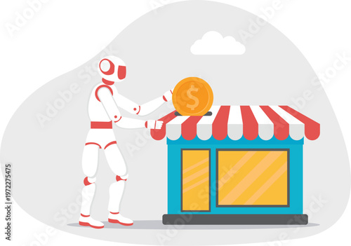 Robot helping a professional open a shop store with a coin