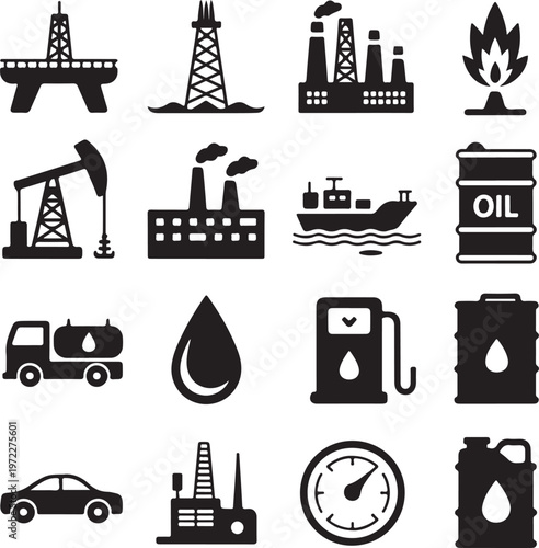 Illustrations depicting various aspects of the oil industry and energy sector