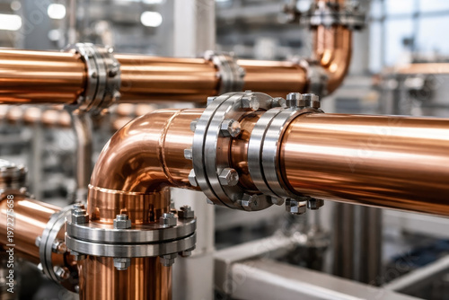Copper pipes with steel flanges and bolts in a modern industrial brewery or factory production plant environment