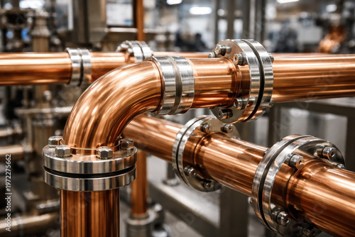 Close up of polished copper pipes and steel flanges in a modern industrial brewery or chemical factory