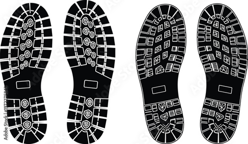 Black shoe sole tread silhouettes set isolated on white background, detailed sneaker outsole patterns for footwear design, texture reference and print projects