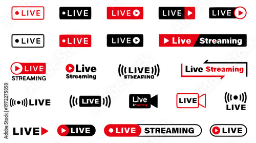 graphic resource Live streaming icons, video broadcast labels, social media live badges, streaming symbols isolated on White Background vector EPS