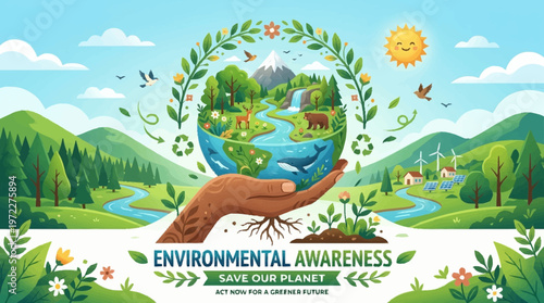 A hand cradles a vibrant globe surrounded by lush greenery and diverse wildlife in a serene natural landscape with rolling hills.