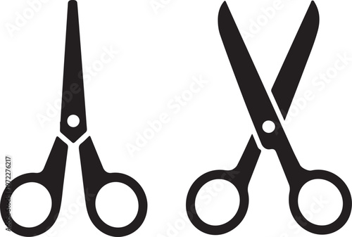 A pair of black scissors positioned open and closed next to each other.